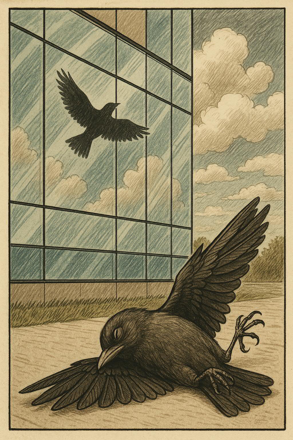 ptak mrtvy po narazu do sklenene budovy