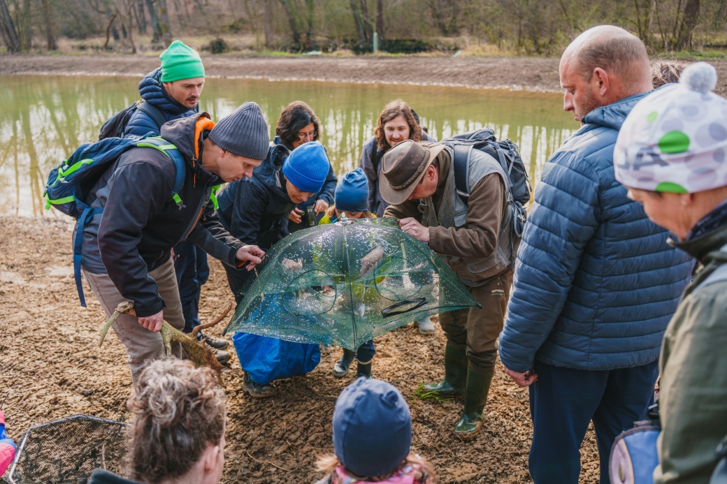 Účastníci vycházky sledují úlovky ze síťky.
